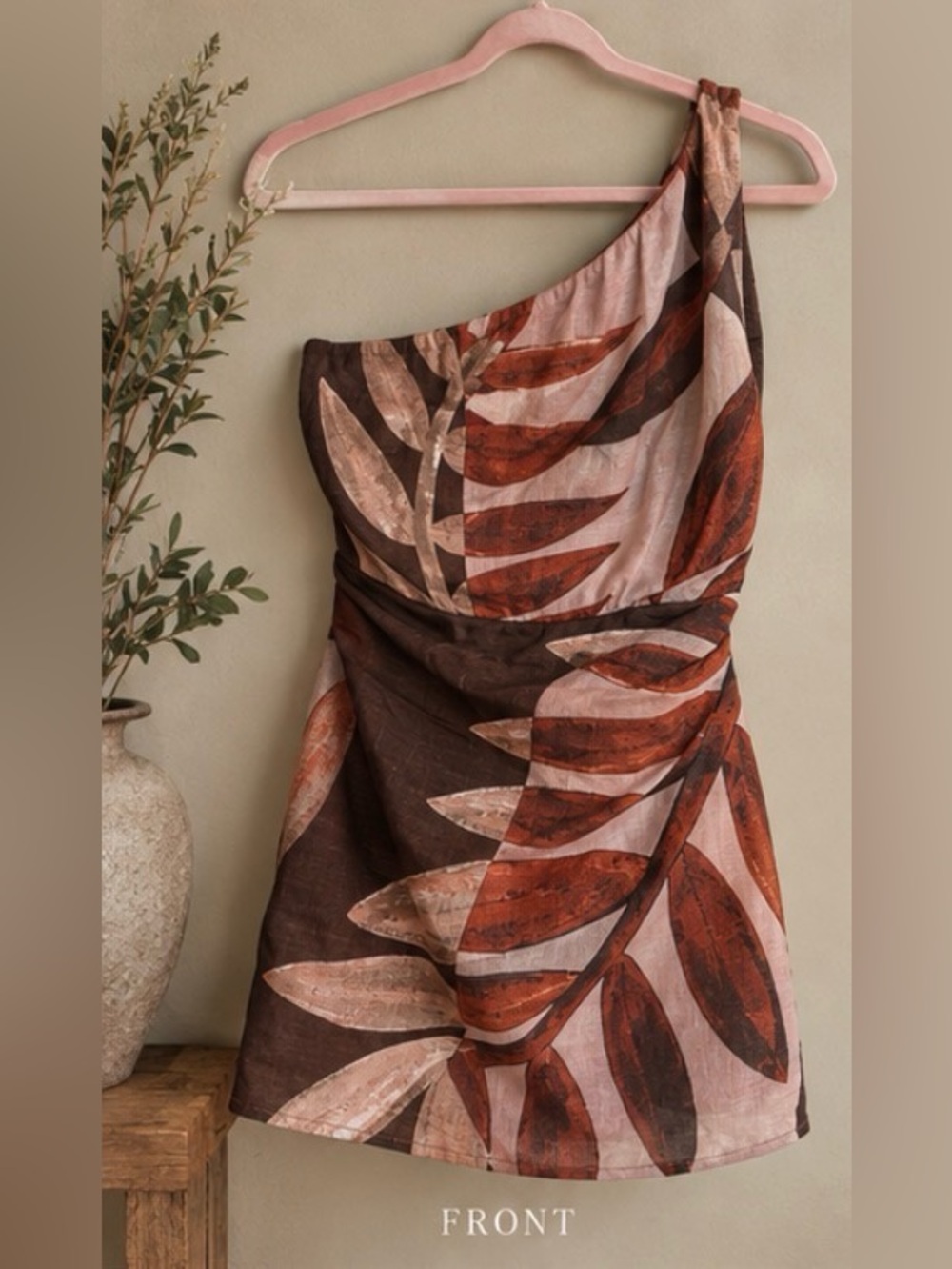 Peppermayo One-Shoulder Mini Dress in Brown and Rust Leaf Print